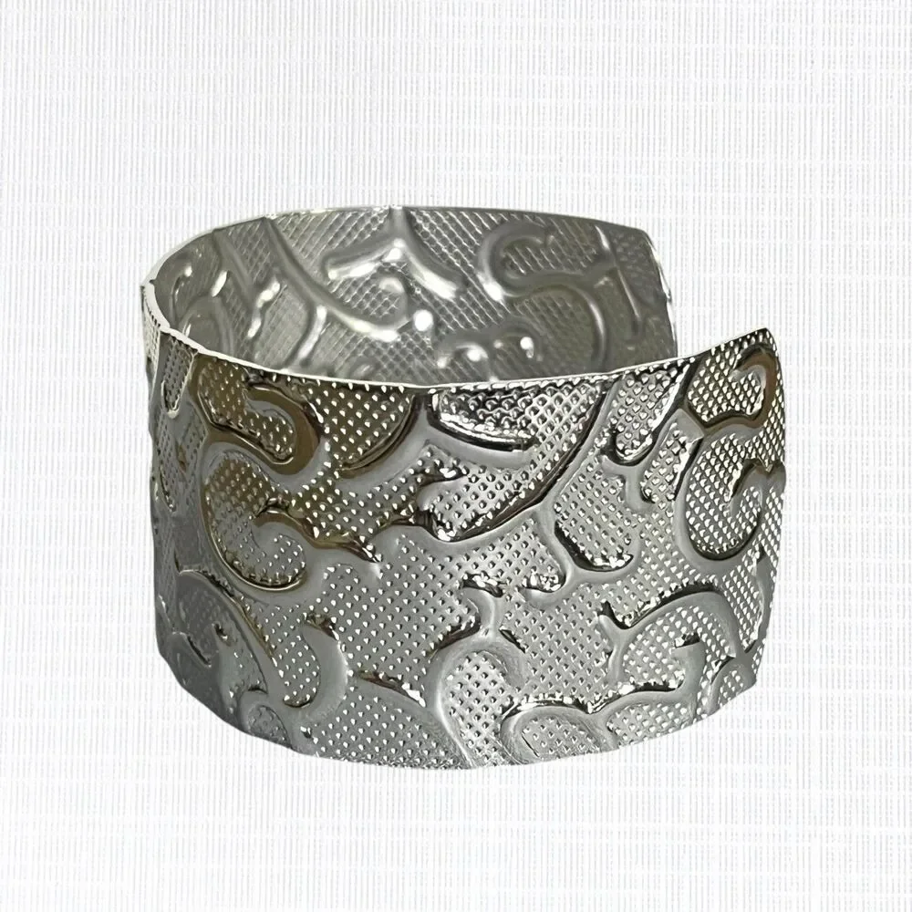 HOB Textured Cuff Bracelet Vines Scrollwork Silver Tone Stainless Steel Wide